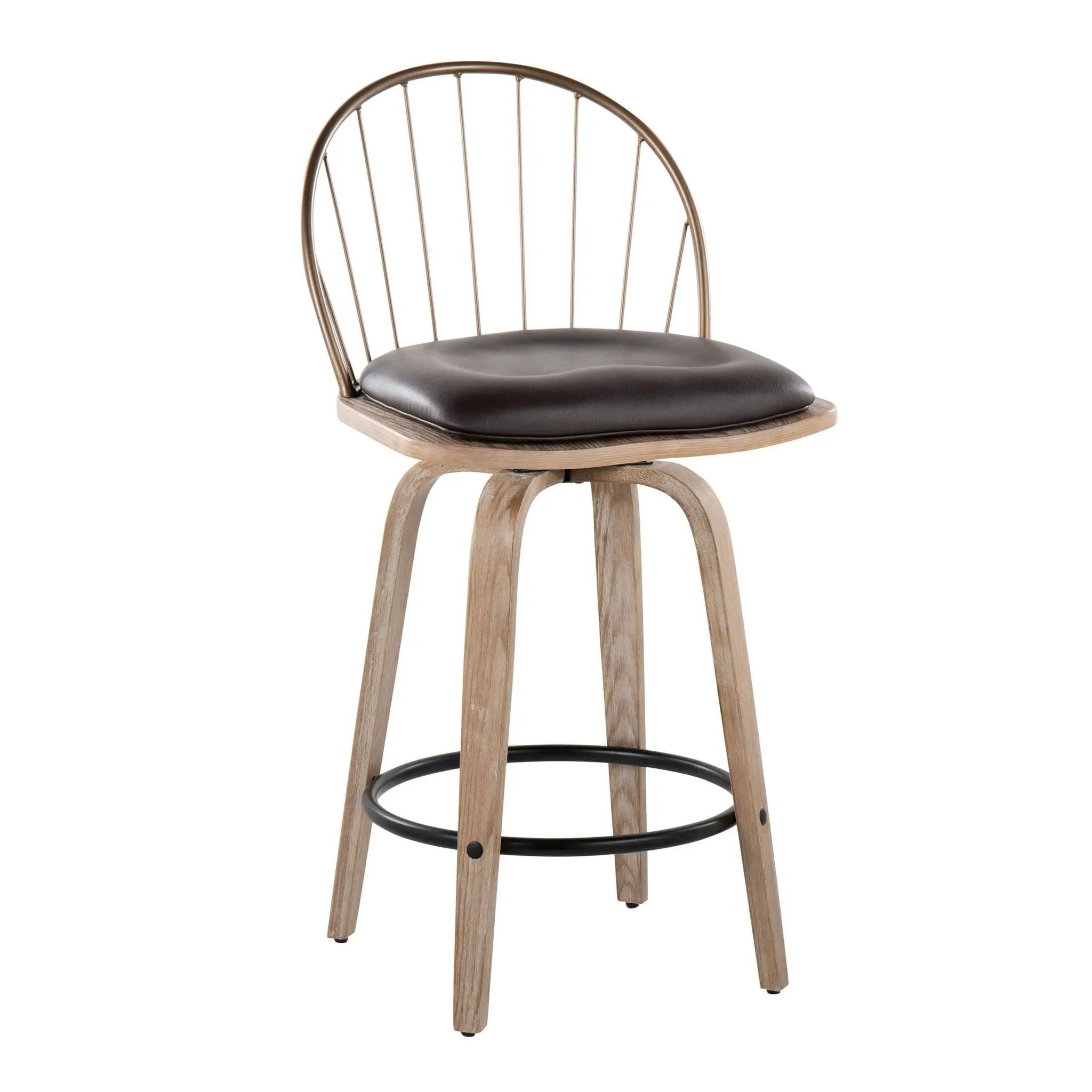Riley - Farmhouse Fixed Height Counter Stool Round Footrest With Removable Cushion (Set of 2) - White Washed / Antique Copper / Brown by Unique Piece Furniture