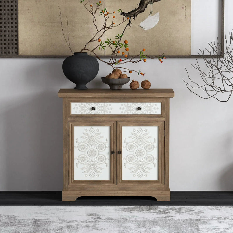 Accent Cabinet With Carved Floral Panels, Sideboard With Drawer And Double Doors - Antique Brown / White by HouseOfZazla