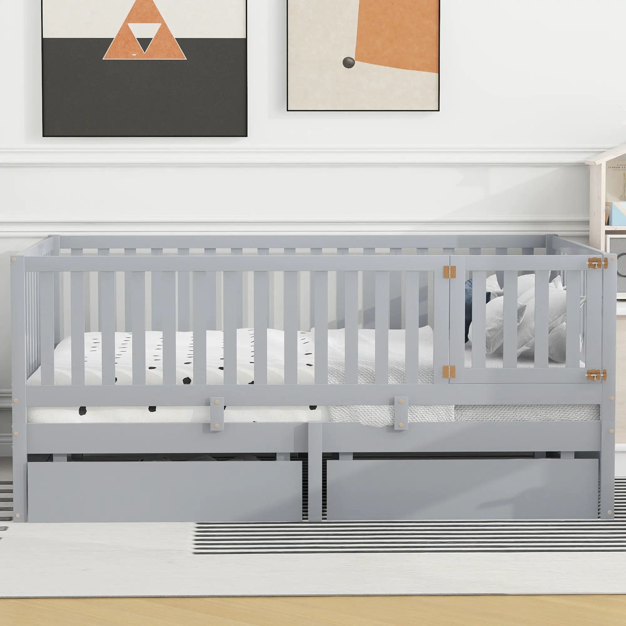 Daybed With Fence Guardrails And 2 Drawers, Split Into Independent Floor Bed & Daybed by HouseOfZazla