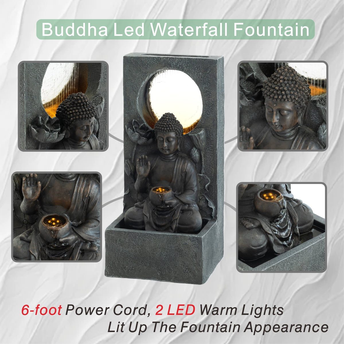 Resin Buddha Wall Panel Outdoor Fountain 28 Inch LED, photo 8 of 10