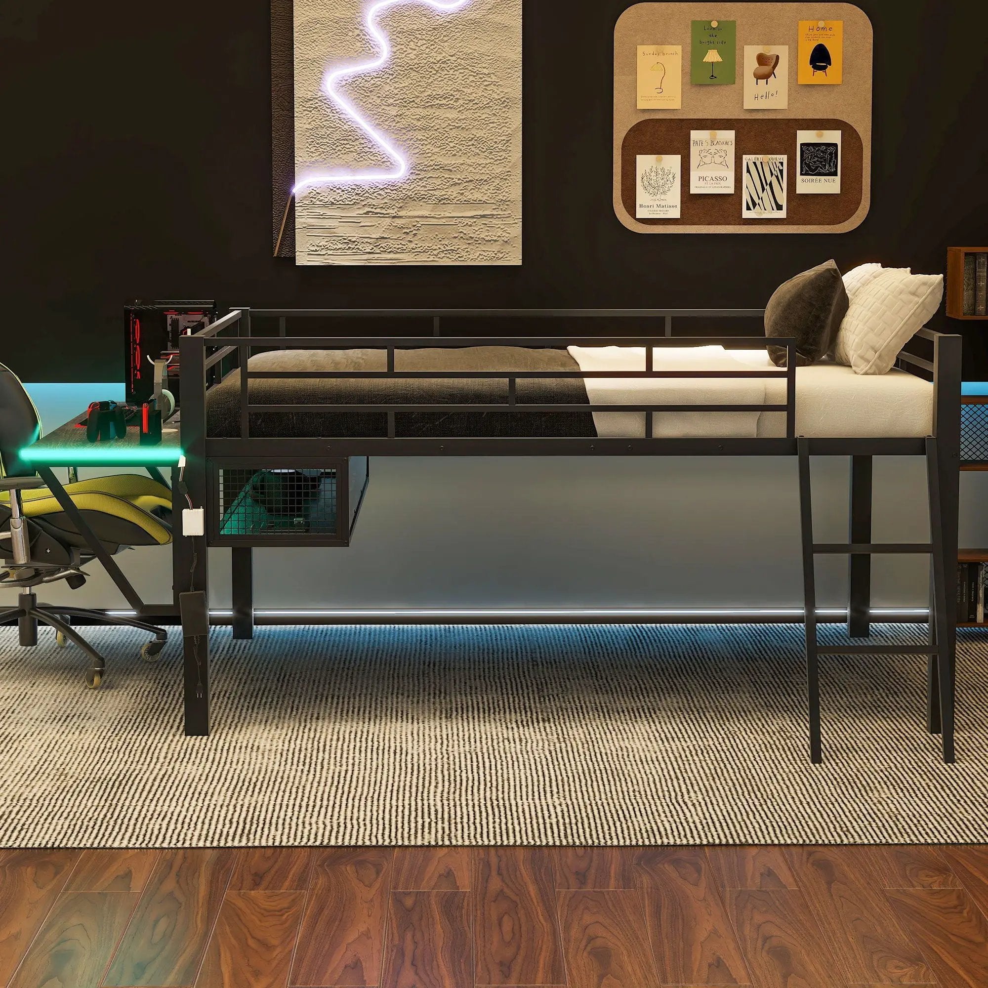 Gaming - Full Size Loft Bed With Desk, LED - Black by HouseOfZazla