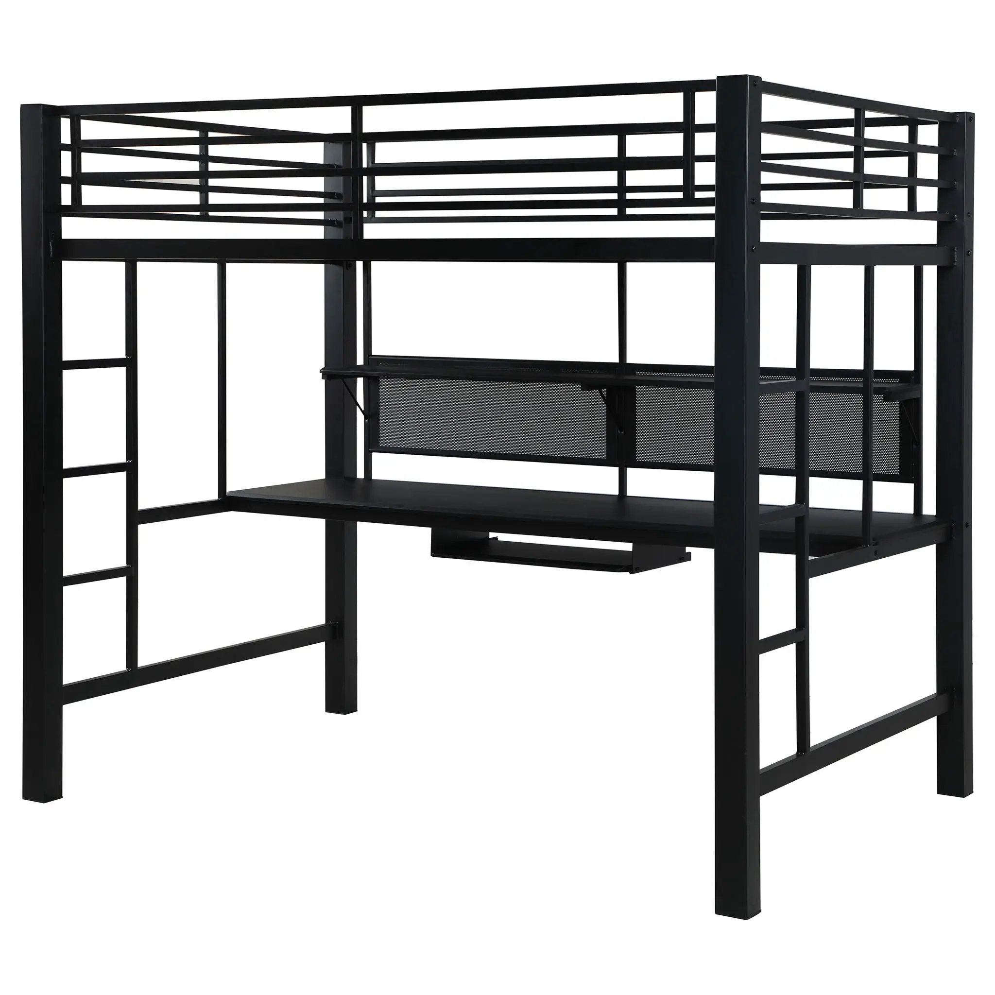 Ranier - Full Workstation Loft Bed, Full Length Desk, Safety Rails And Storage Shelves - Black by HouseOfZazla