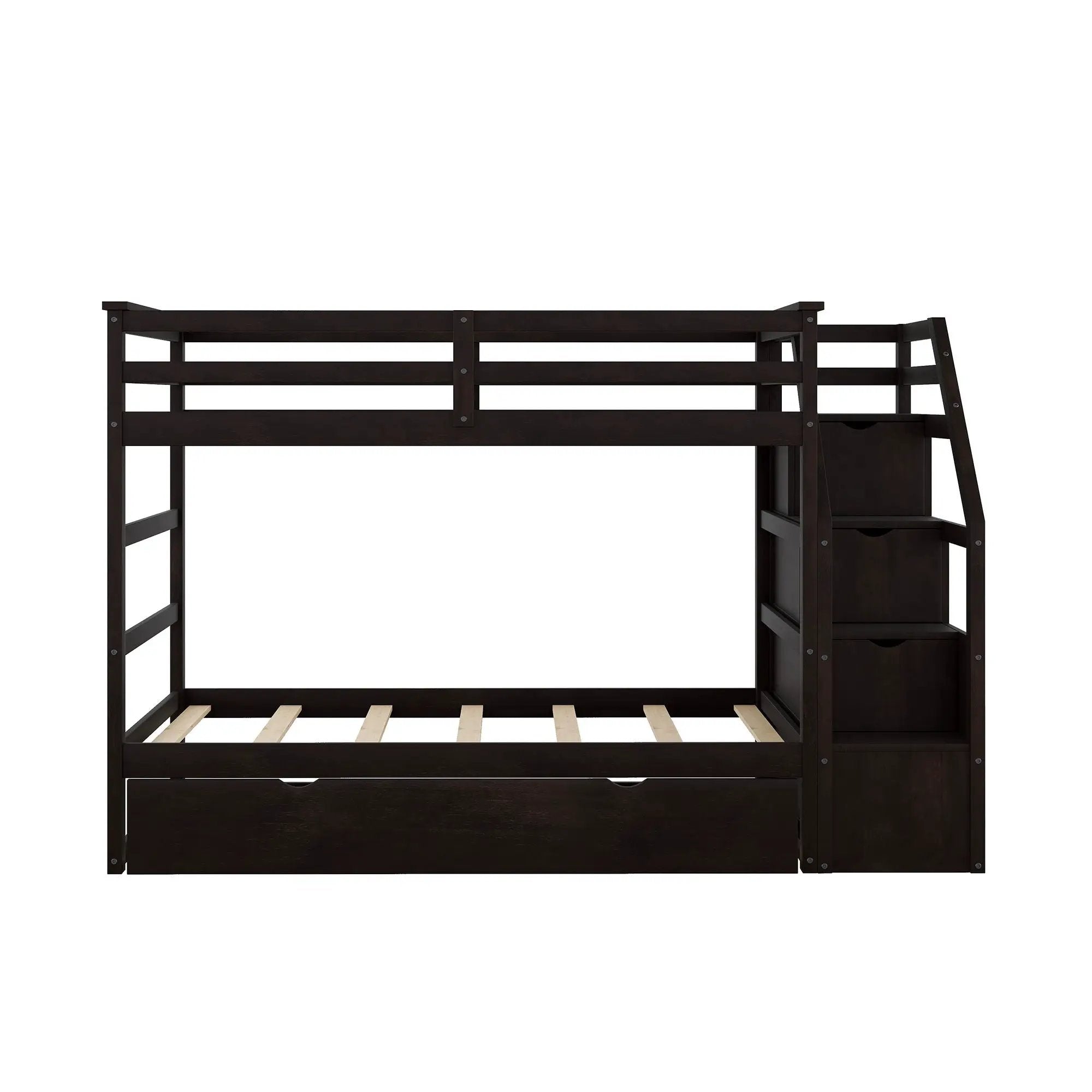 Twin Over Twin Bunk Bed With Twin Size Trundle And 3 Storage Stairs - Espresso by Unique Piece Furniture