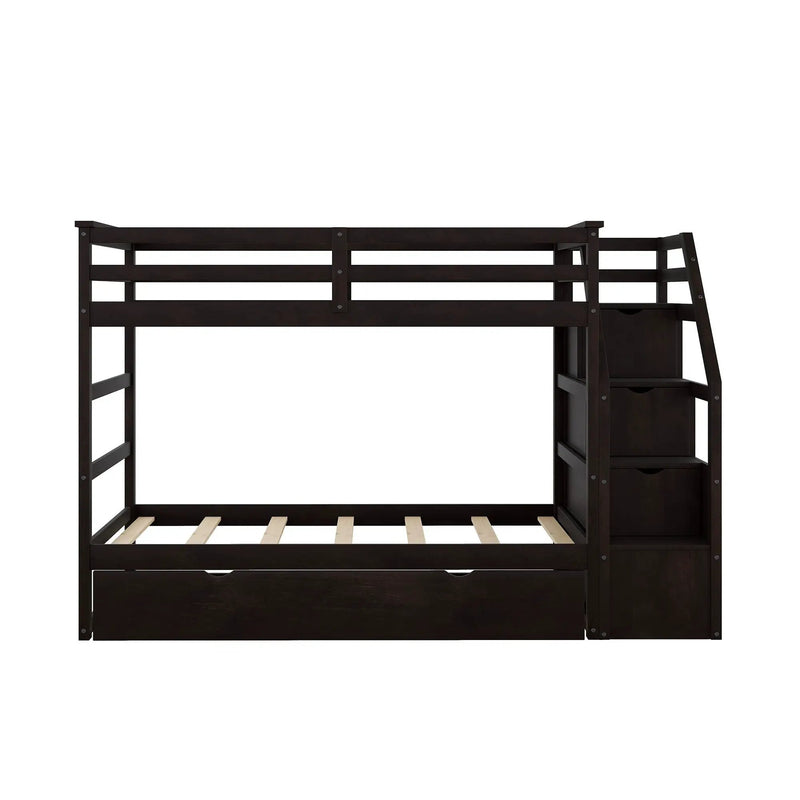 Twin Over Twin Bunk Bed With Twin Size Trundle And 3 Storage Stairs - Espresso by HouseOfZazla