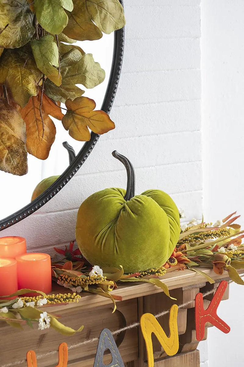 Velvet Weighted Pumpkin With Resin Stem Apple, Pumpkin Ornament Decor For Holiday Harvest Festival Fall Festival & Thanksgiving (Set of 2) - Green by Unique Piece Furniture