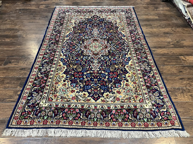 Persian Kirman Rug 6x9, Floral Medallion Vintage Wool Handmade Carpet 6 x 9, Animal Pictorials Birds, Semi Antique, Navy Blue, Millefleur by Jewel Rugs