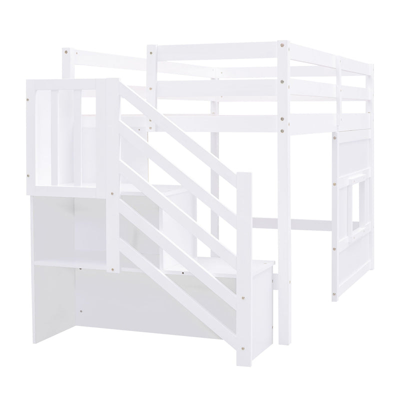Loft Bed With Storage Staircase, Window & LED Light