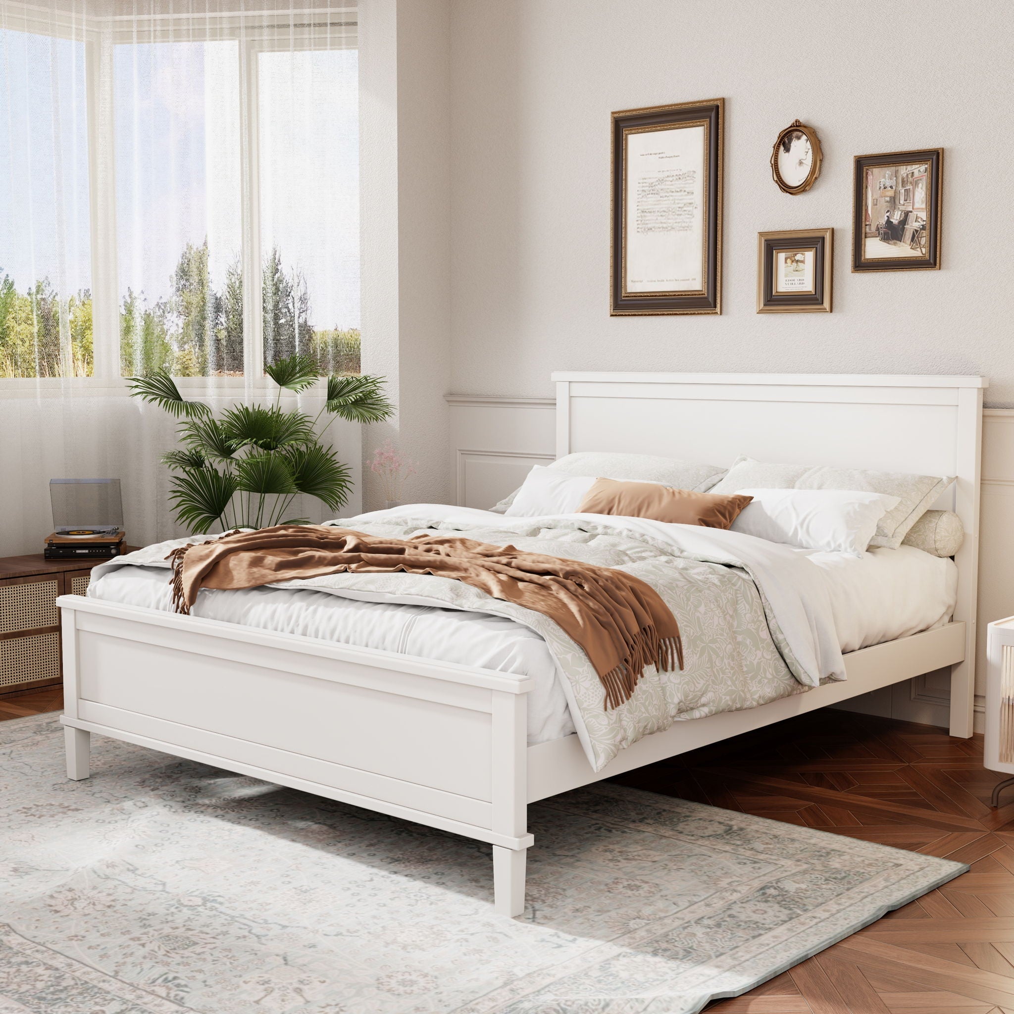 Queen Size Platform Bed With Tapered Pine Legs, No Box Spring Needed - White by HouseOfZazla