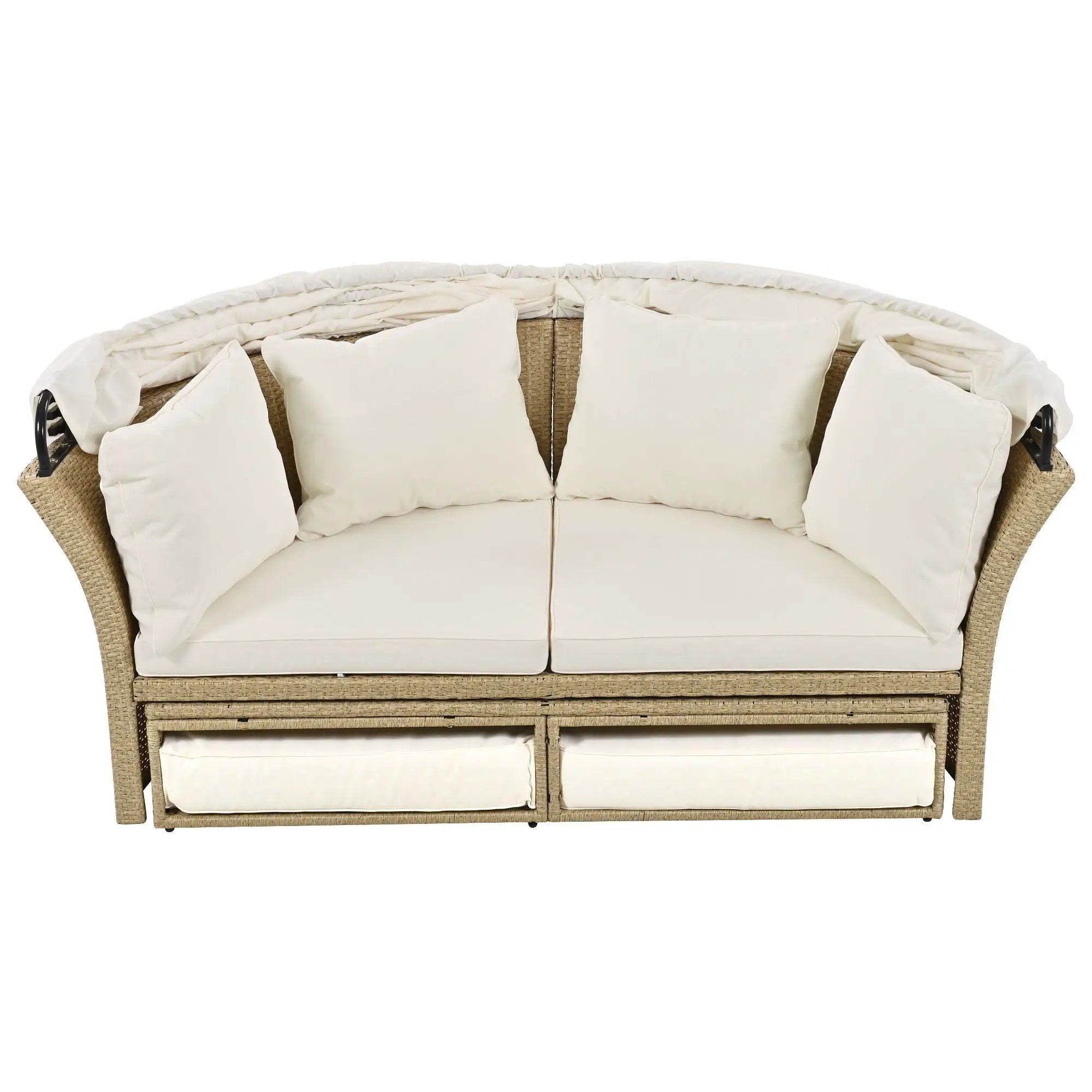 Outdoor Patio Daybed Wicker Rattan Double Daybed Round Sofa Furniture Set With Retractable Canopy, 4 Pillows For Lawn Garden by HouseOfZazla
