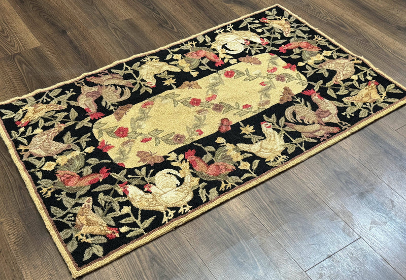 Small Vintage Hooked Rug, Roosters, Handmade, Wool by Jewel Rugs