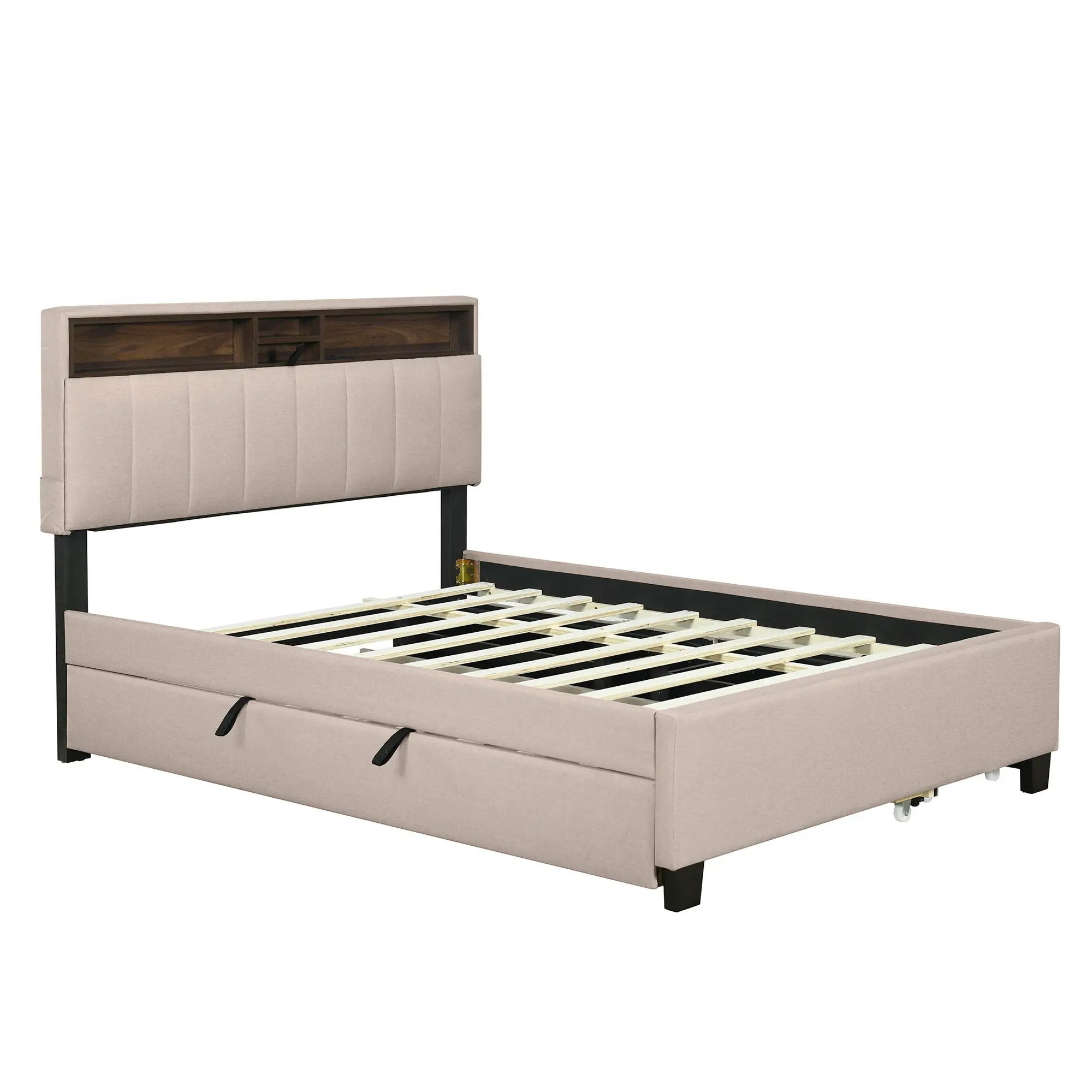 Upholstered Platform Bed With Storage Headboard, Trundle & 2 Drawers And A Set Of Sockets & USB Ports by Unique Piece Furniture