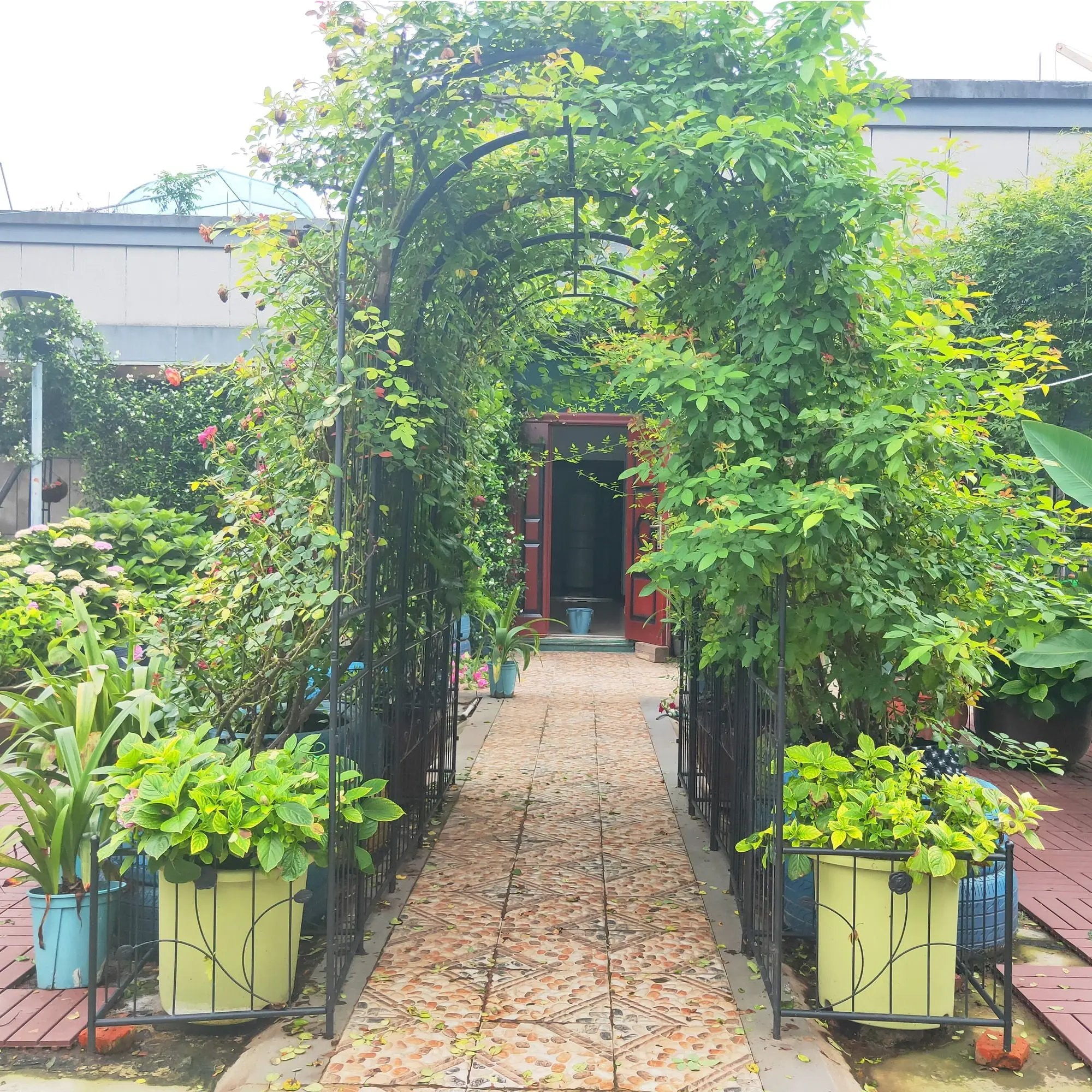 Metal Garden Arch With Two Plant Stands Wide High Climbing Plants Support Rose Arch Outdoor - Black by HouseOfZazla