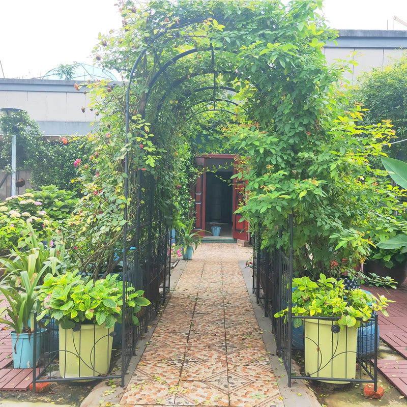 Metal Garden Arch With Two Plant Stands Wide High Climbing Plants Support Rose Arch Outdoor - Black by HouseOfZazla
