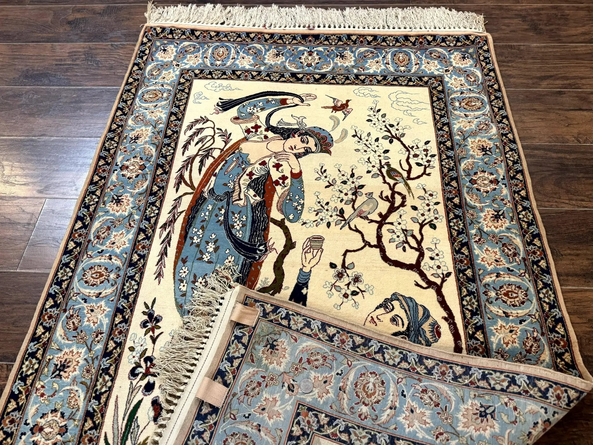 Persian Isfahan Pictorial Rug, Two Lovers, Kork Wool on Silk Foundation, Ivory and Light Blue, 500 KPSI Super Fine by Jewel Rugs