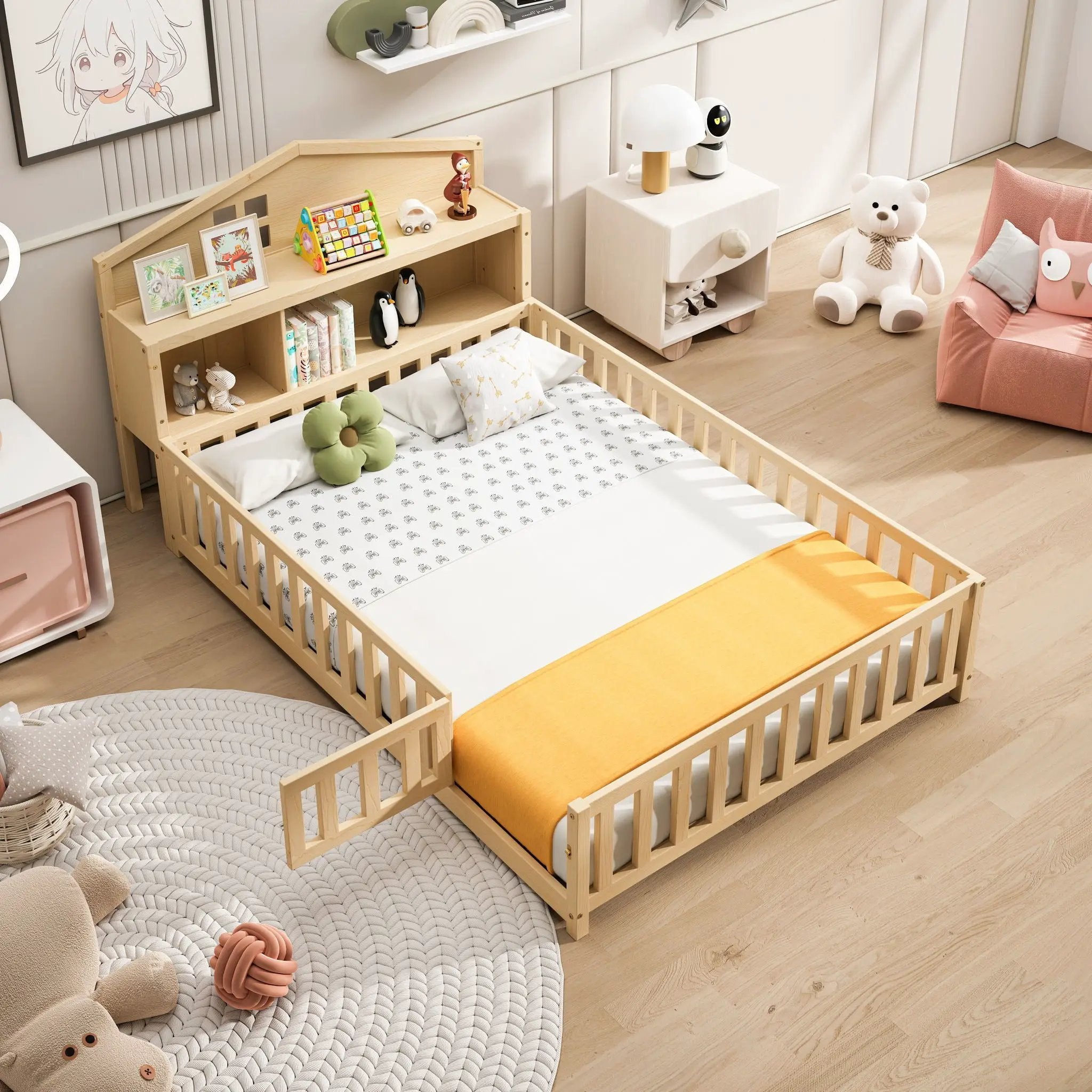 Full Size Montessori Floor Bed With Bookcases And boards, Solid Wood Platform Bed With Guard Rails And Storage Headboards - Natural by Unique Piece Furniture
