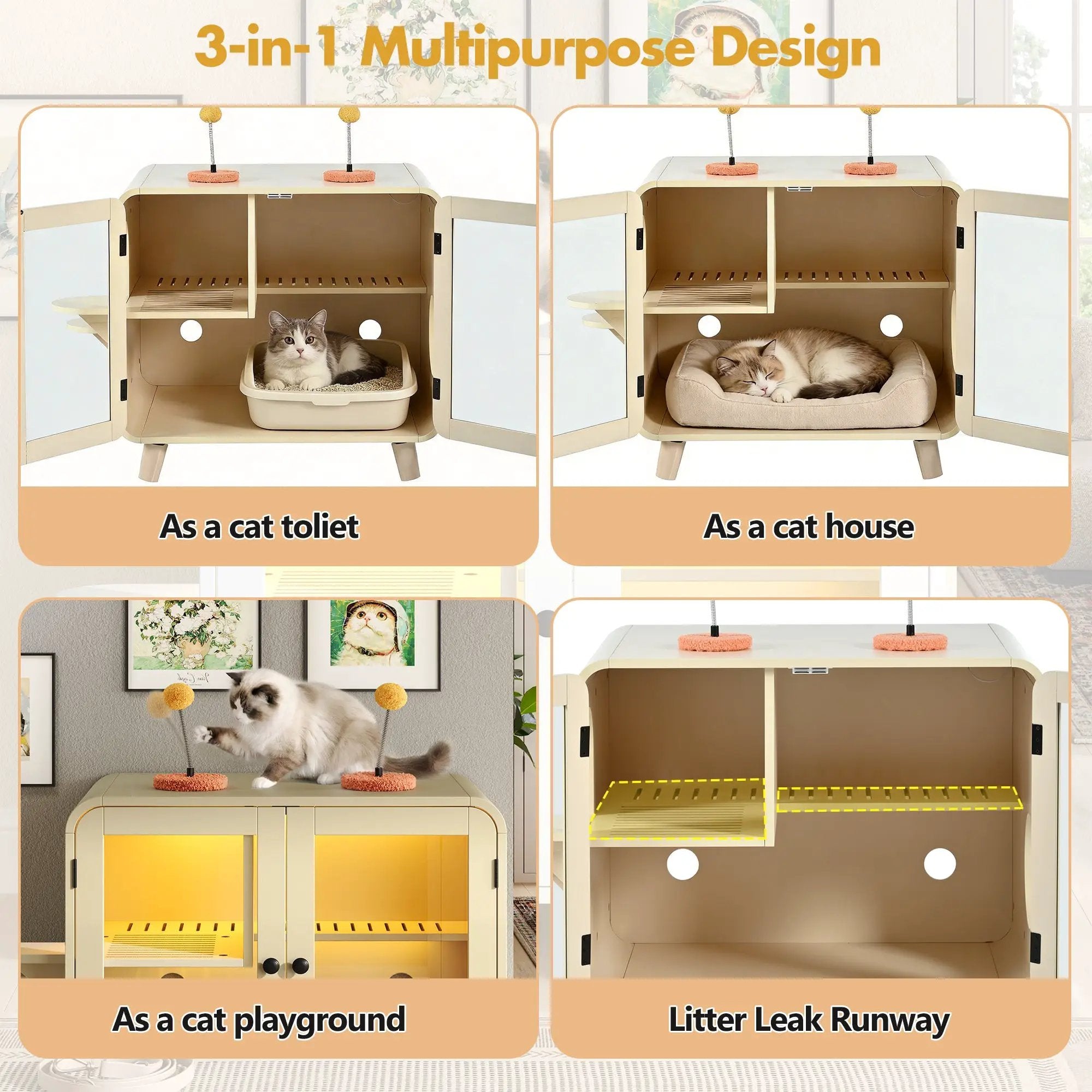 Cat Hidden Litter Box Enclosure with RGB LED Light and Glass Doors by HouseOfZazla