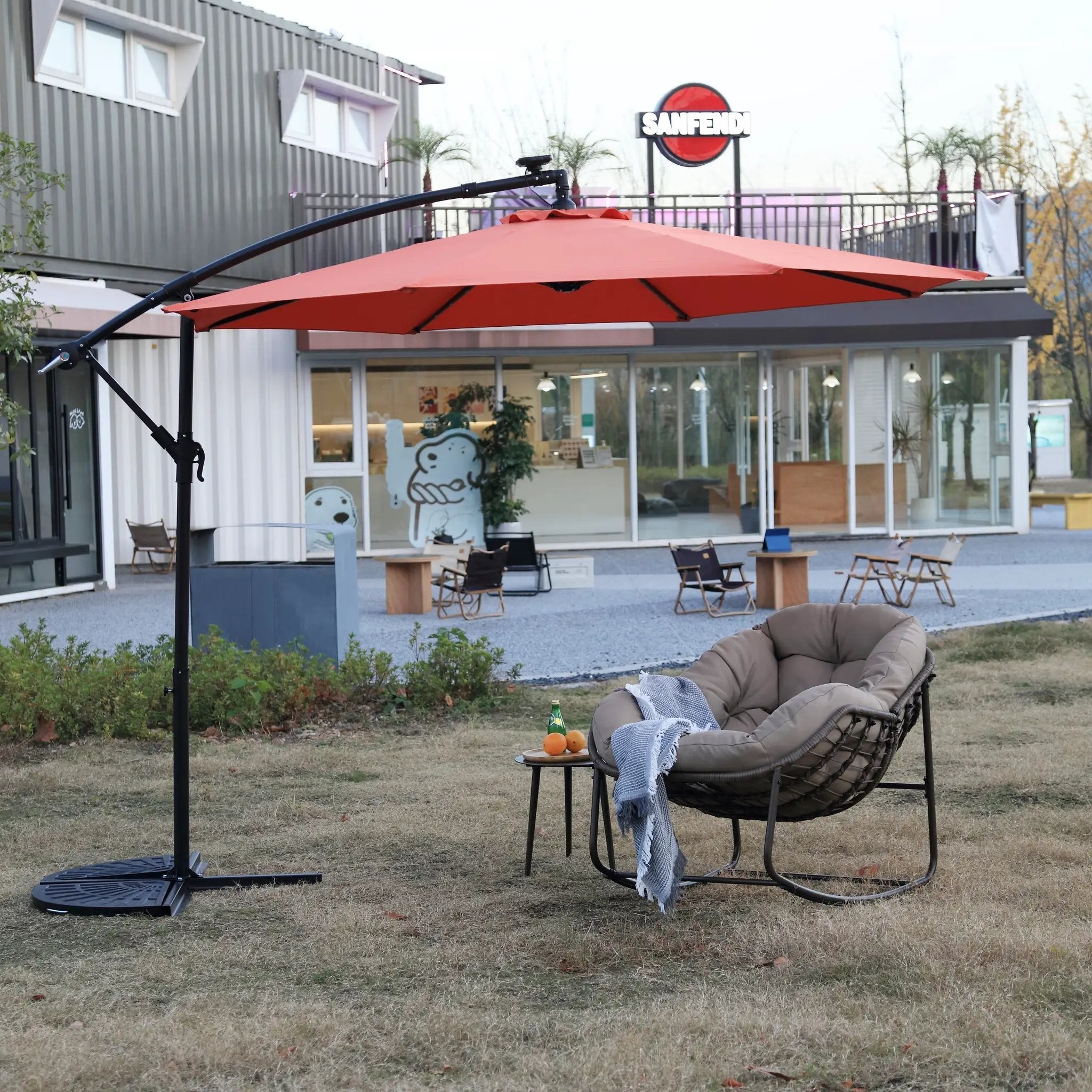 10ft Solar LED Offset Hanging Market Patio Umbrella (Orange) (No Base) by HouseOfZazla