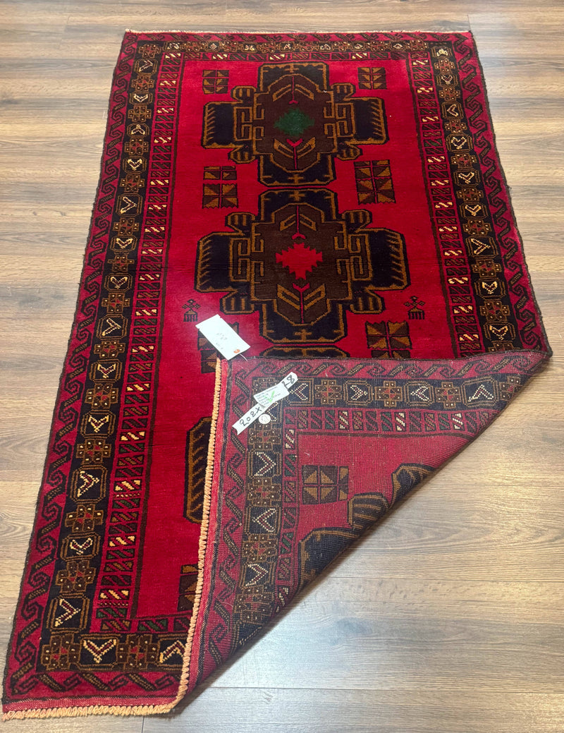 Red Afghan Balouch Rug 4x7, Triple Medallions, Handmade, New by Jewel Rugs