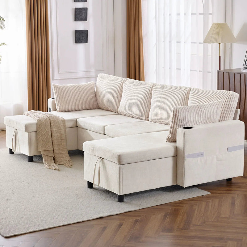 Sectional Sofa Bed With Pull Out Sleeper, USB Ports, Cup Holders by HouseOfZazla