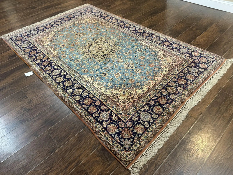 Light Blue Persian Isfahan Rug 5x8, Floral Medallion, Wool on Silk Foundation, Very Fine 530 KPSI, Handmade Carpet by Jewel Rugs