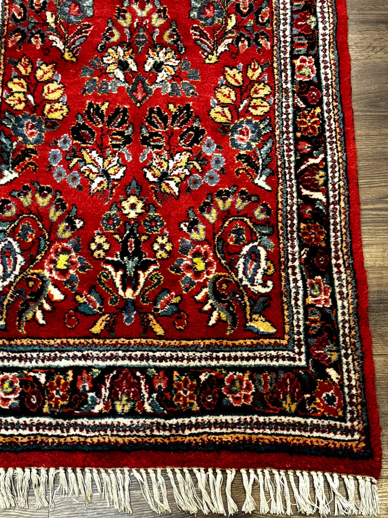 Persian Sarouk Runner Rug 3x12, Red Floral 3 x 12ft Runner, Vintage, Wool by Jewel Rugs