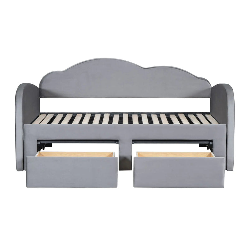 Upholstered Daybed With Cloud-Shaped Backrest, Trundle & 2 Drawers And USB Ports by HouseOfZazla