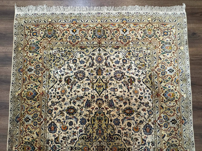 Rare Silk Persian Kashan Rug 4.6 x 7, Antique Fine 310 KPSI, Ivory by Jewel Rugs