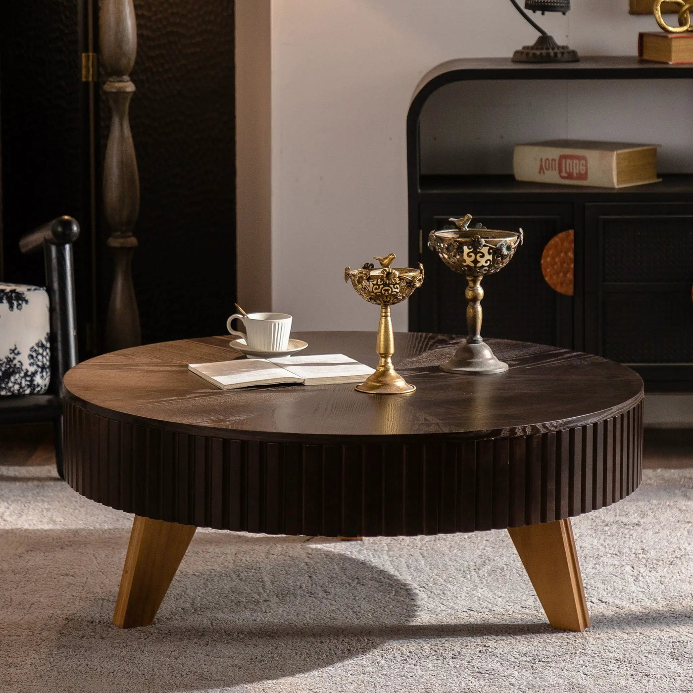 Round Retro Coffee With Solid Wood Legs by Unique Piece Furniture