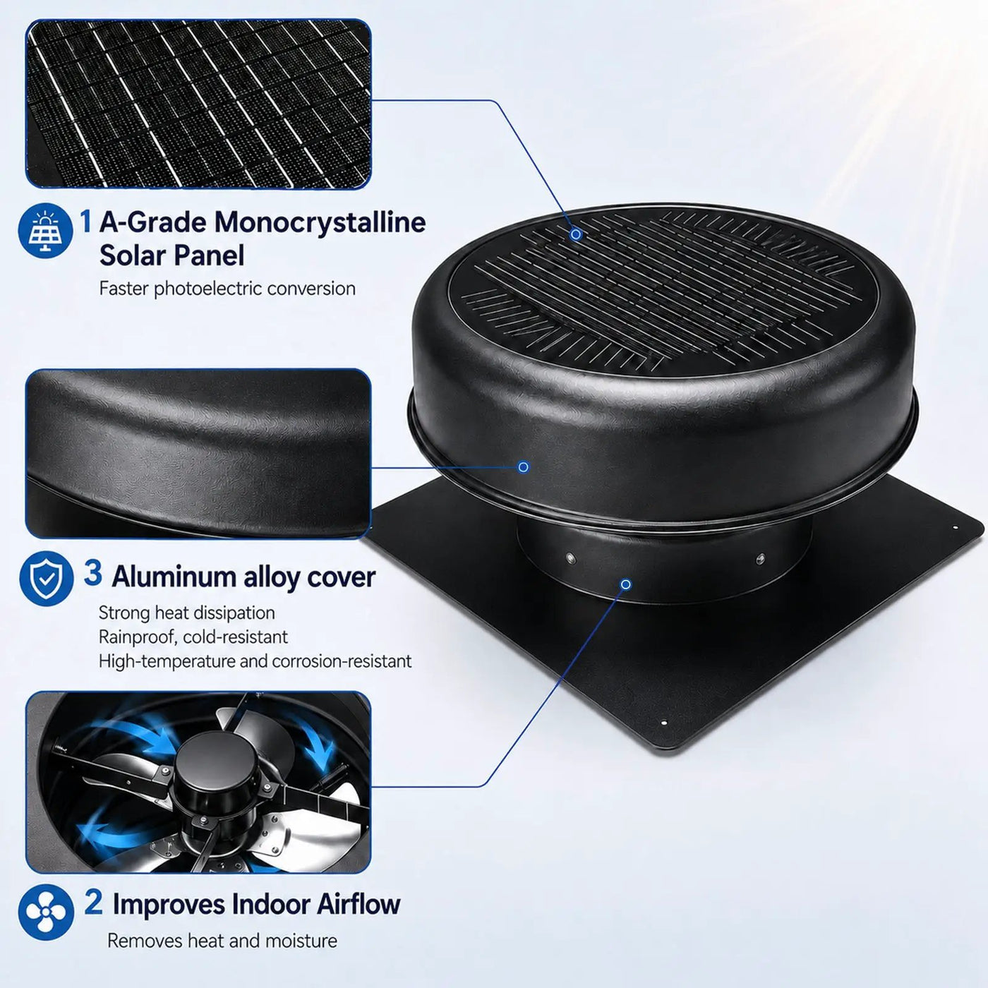 12" Flush Mount Round Solar Roof Vent Fan, 30W Dual Power by HouseOfZazla