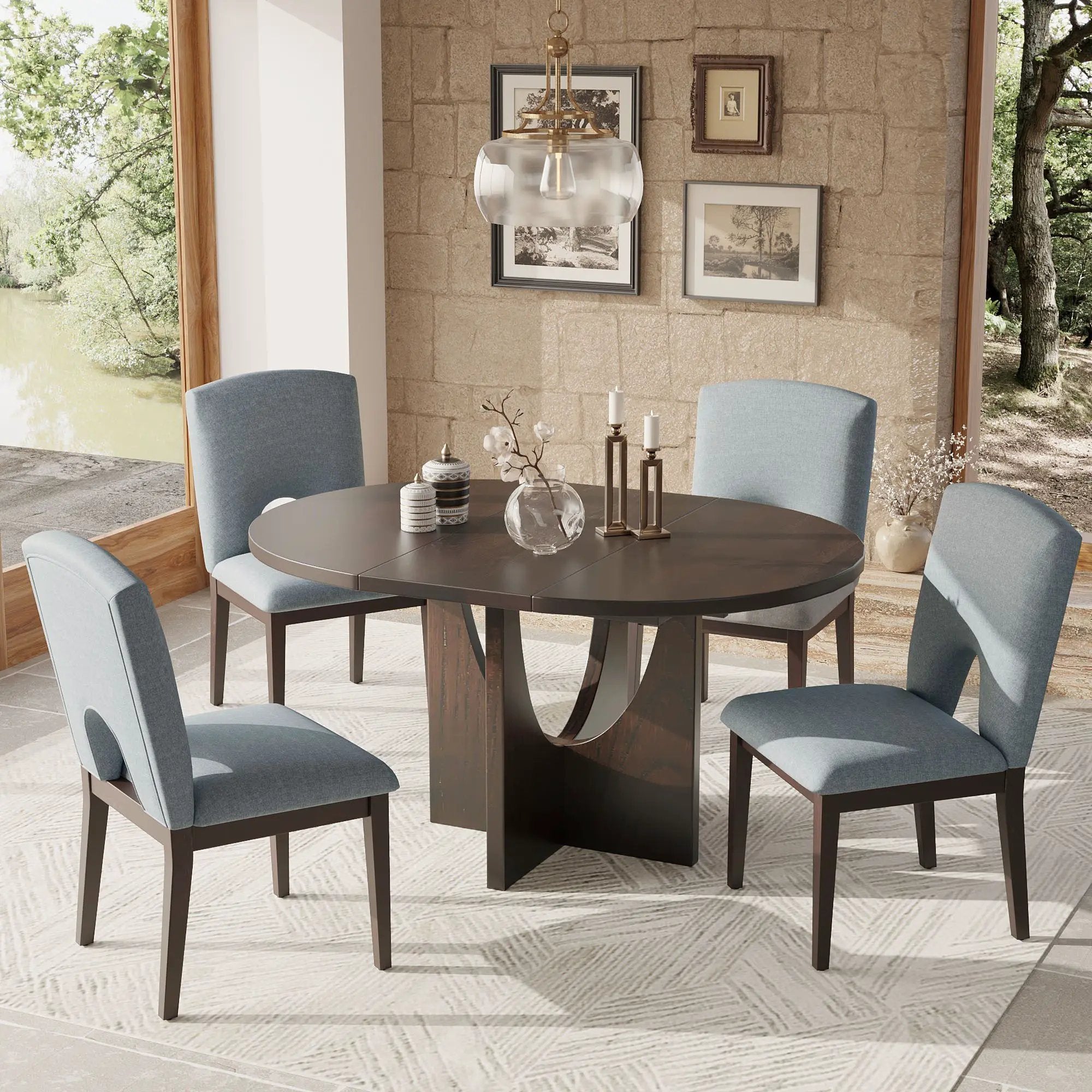 Topmax - 5 Piece Modern Extendable Round Dining Table Set With Removable Leaf For Small Places by HouseOfZazla