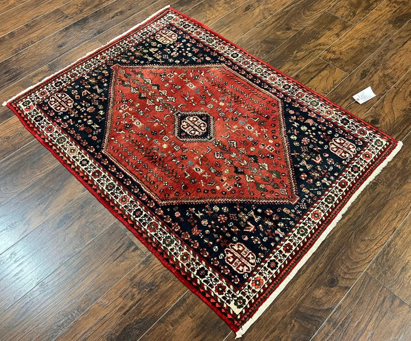 Persian Tribal Rug 3.6 x 5 ft, Persian Abadeh Rug, Geometric Medallion Bird Motifs, Red and Navy Blue Hand Knotted Handmade Wool Vintage Oriental Carpet by Jewel Rugs