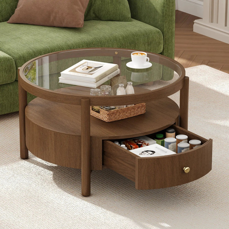 Solid Wood Round Glass Top Coffee Table with Storage Drawer by HouseOfZazla