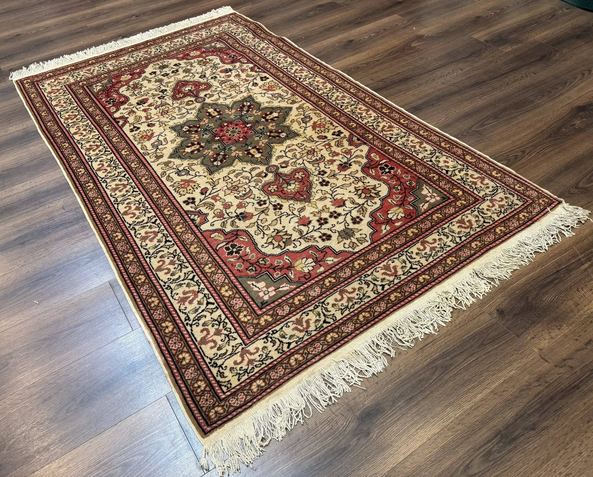 Turkish Sivas Rug 4x6, Floral Medallion, Beige Pink-Red Green, Handmade by Jewel Rugs