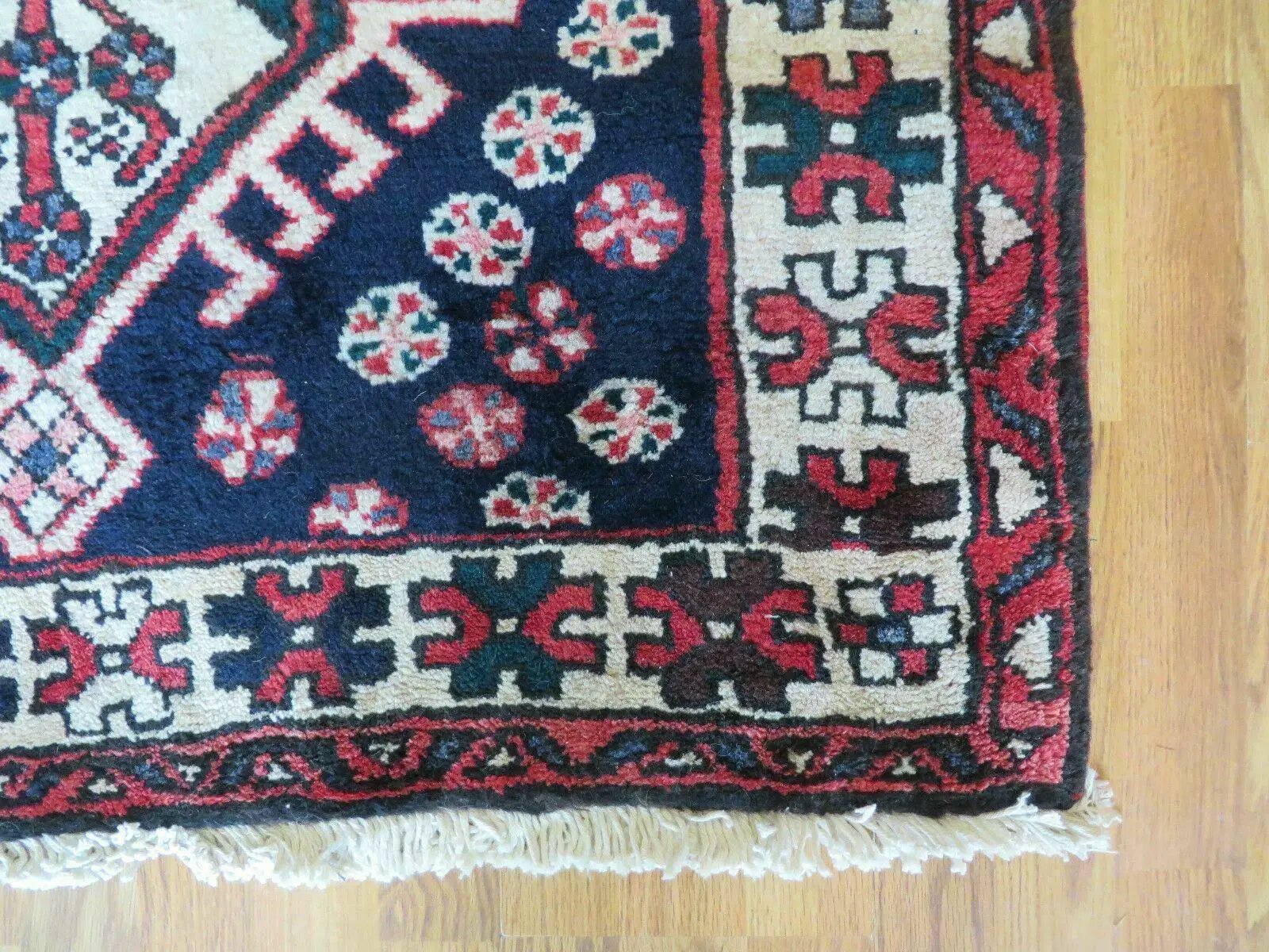 Persian Runner Rug 3.5 x 10.7, Karajeh Heriz Rug, Navy Blue, Geometric Medallions by Jewel Rugs
