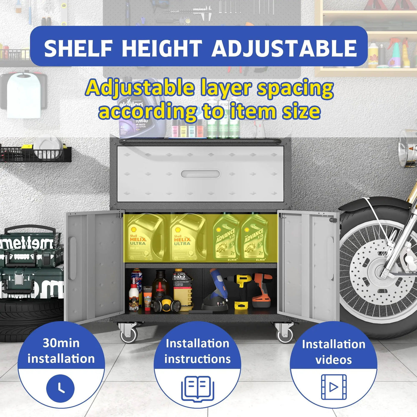 Sturdy And Durable Metal Tool Cabinet For Garage With Wheels Mobile Heavy Duty Storage Cabinet With 1 Drawer And 2 Locking Doors by HouseOfZazla