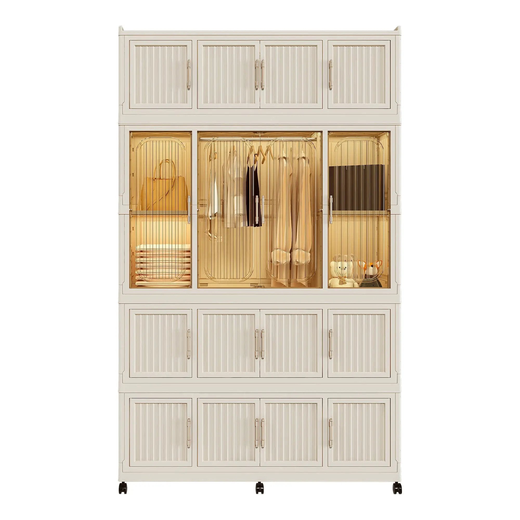 Portable Wardrobe Closet Storage Organizer With 17 Magnetic Doors, 17 Cubes, Hanging Rod & 6 Hangers - Creamy White by Unique Piece Furniture