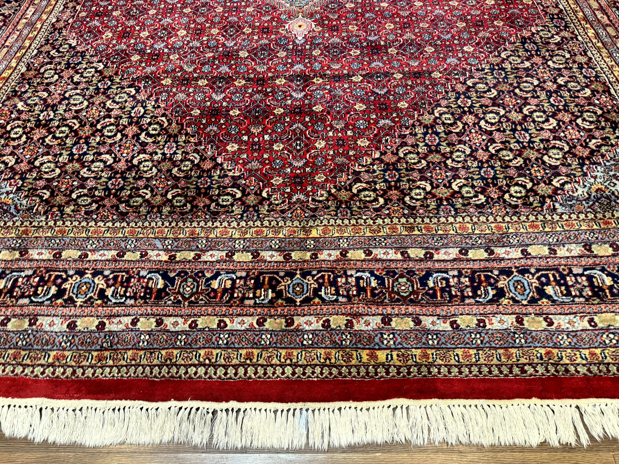 Indo Persian Bidjar Rug 10x14, Red and Dark Blue, Herati Mahi Pattern, Vintage by Jewel Rugs