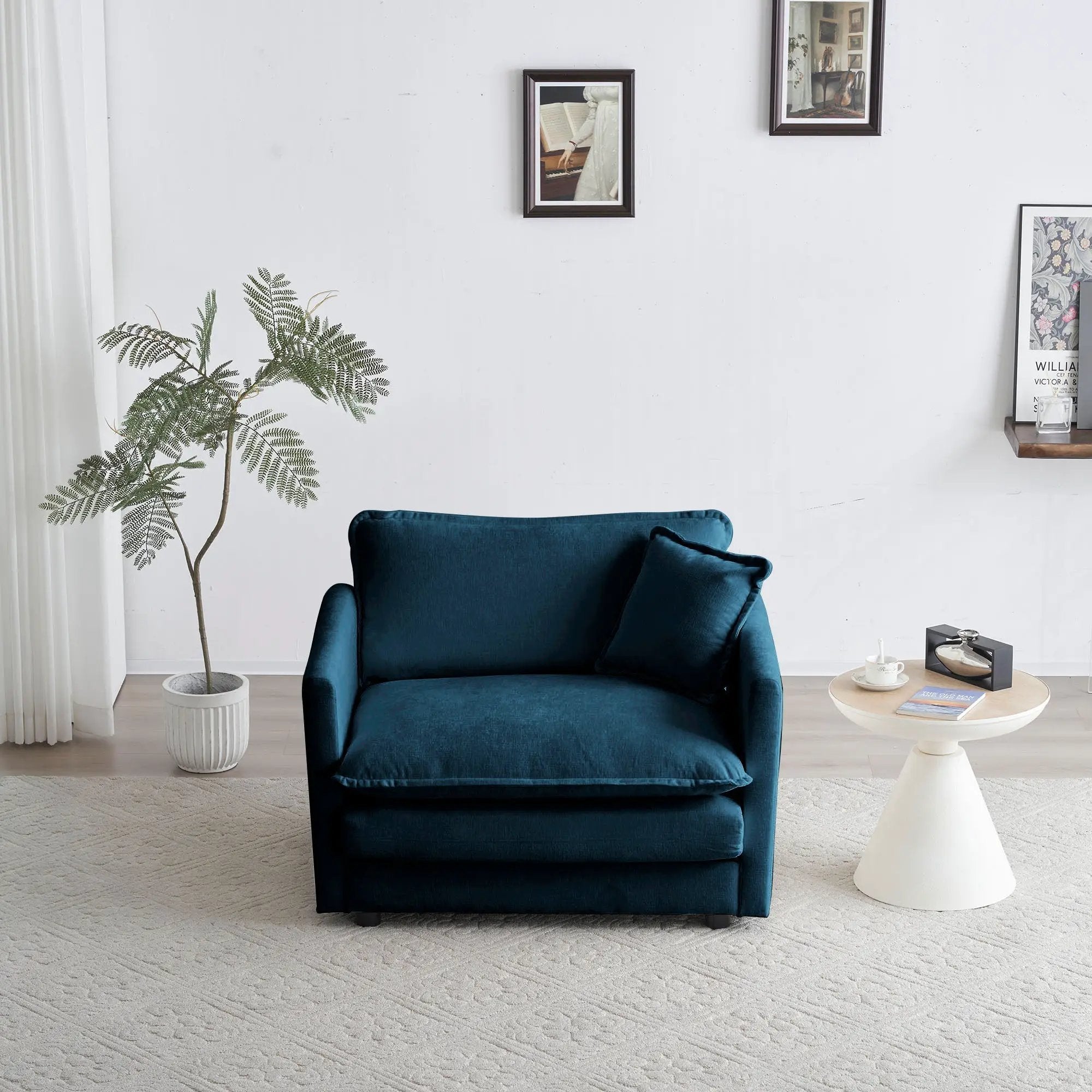 Comfy Deep Single Seat Sofa Upholstered Reading Armchair in Blue Chenille Fabric by HouseOfZazla