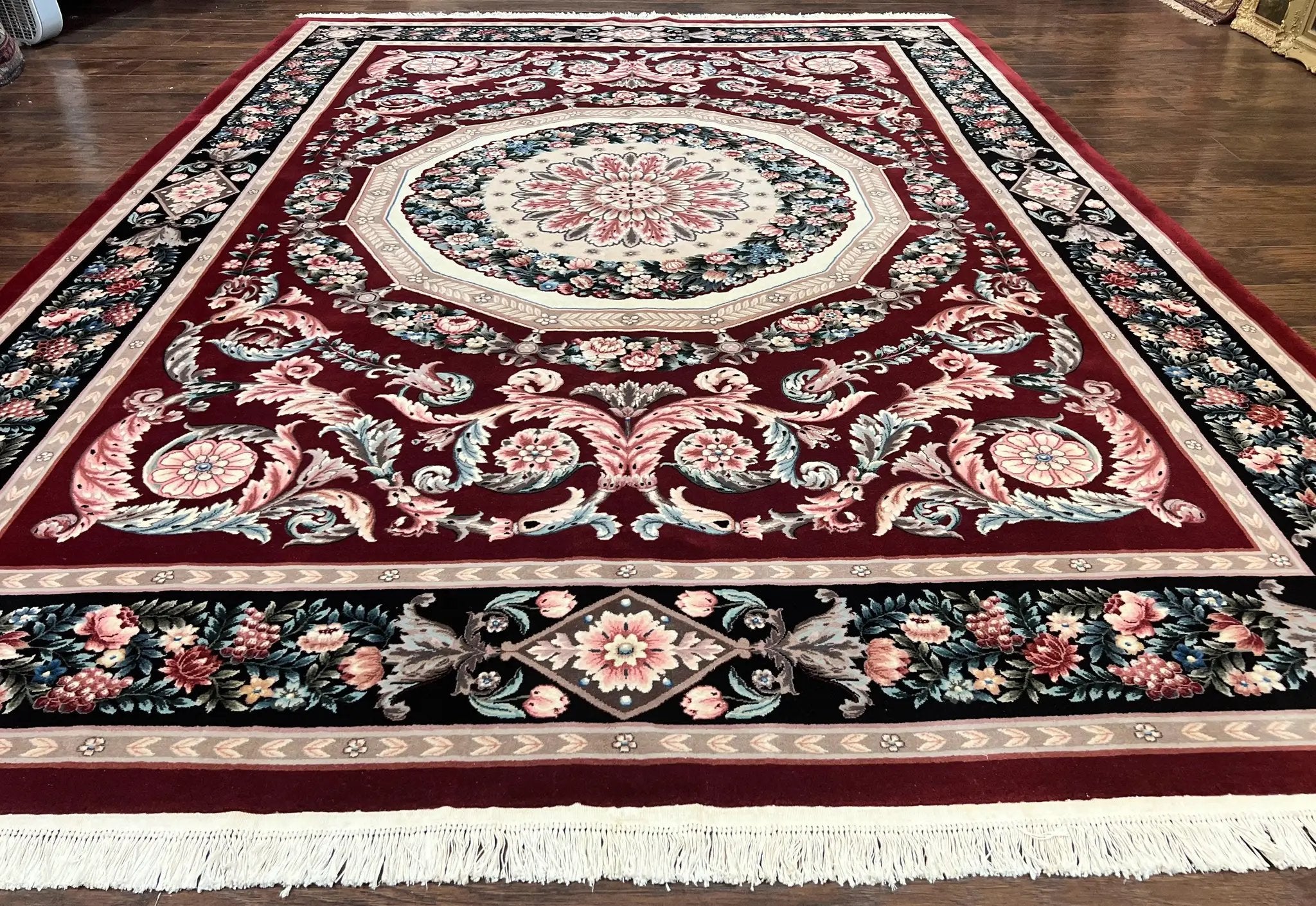 Chinese Aubusson Rug 9x12, Burgundy, Handmade Vintage Wool Carpet, Fine 210 KPSI, Elegant European Design by Jewel Rugs