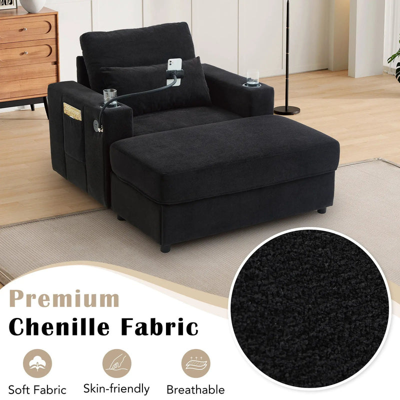 Modern Style Armchair Chaise Lounge Sofa Couch With Movable Storage Ottoman, USB Ports, Cup Holders, Phone Holder, Side Pockets by Unique Piece Furniture