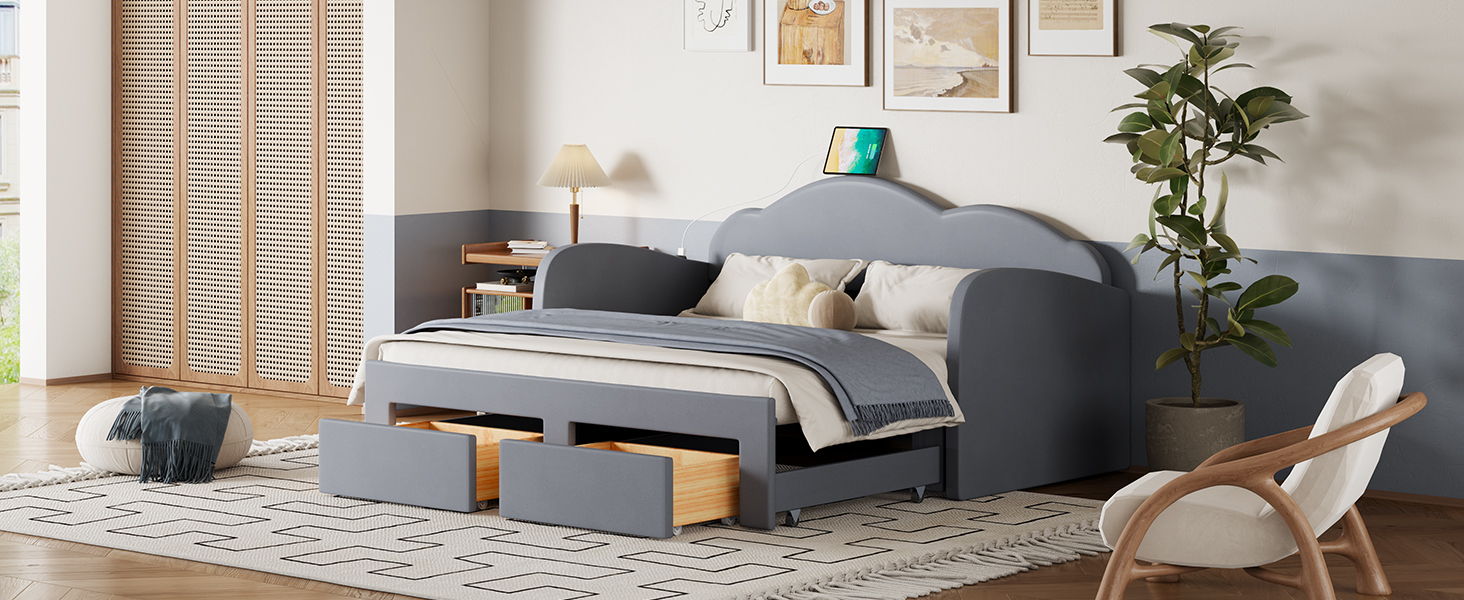 Upholstered Daybed With Cloud-Shaped Backrest, Trundle & 2 Drawers And USB Ports by HouseOfZazla