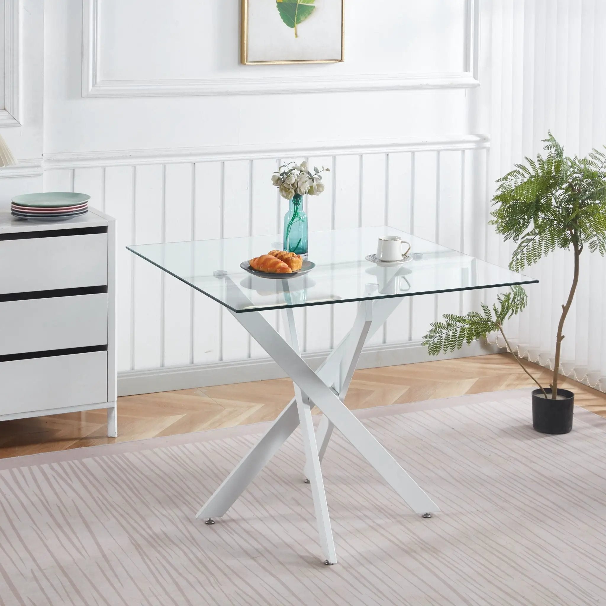 Dining Table With Cross Metal Leg And Tempered Glass, Modern Space Saving Kitchen Table For Living Room Legs, Square Table by Unique Piece Furniture