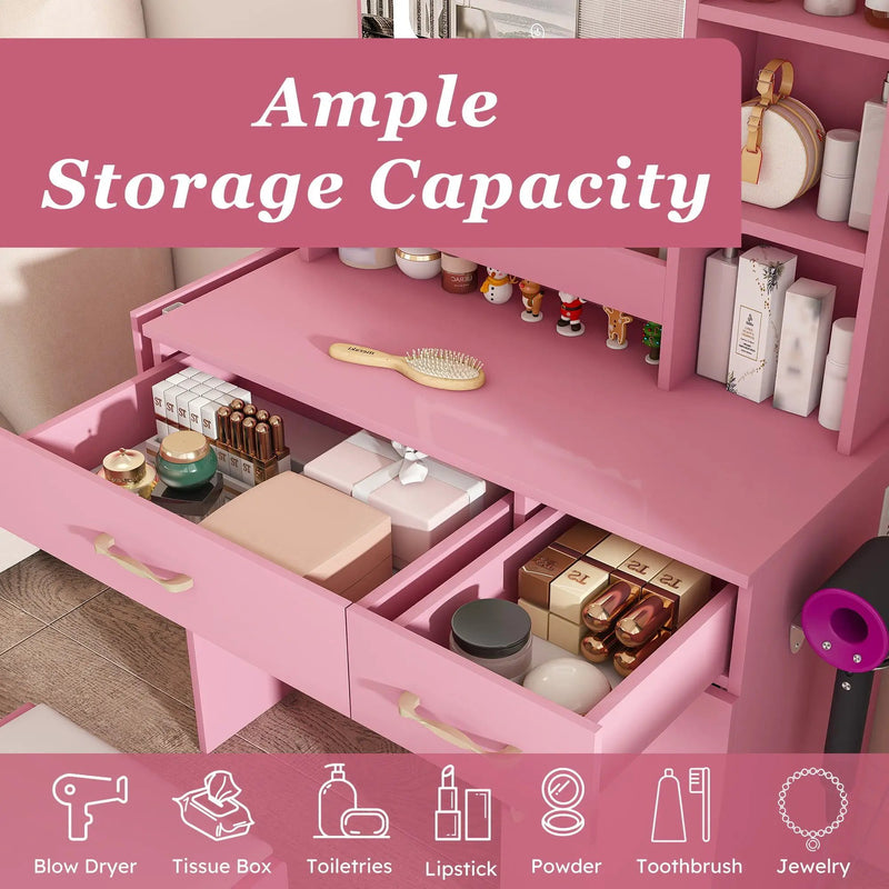 Vanity Desk With LED Mirror Lights And Power Outlet Charging Station, 3 Drawers, 7 Shelves, Storage Stool - Pink by HouseOfZazla