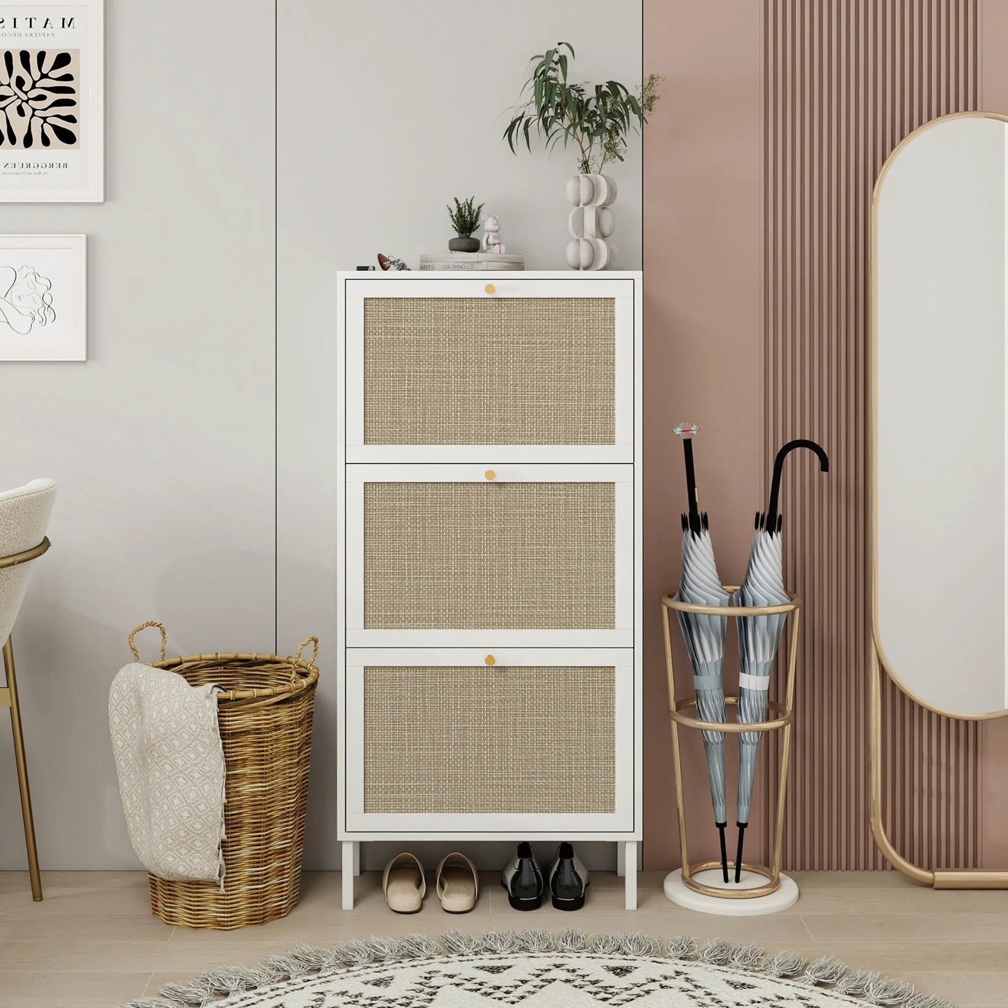 Modern Rattan 3 Door Shoe Rack Cabinet For Entryway by Unique Piece Furniture
