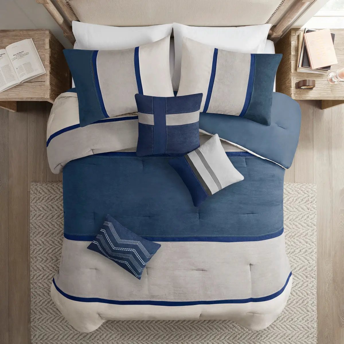 7 Piece Faux Suede Comforter Set Blue King by HouseOfZazla