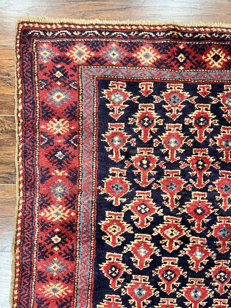 Turkish Sparta Rug 3x4, Allover Pattern, Navy Blue and Red, Antique Ispara Oriental Carpet 3 x 4, Small Turkish Handmade Vintage Wool Rug by Jewel Rugs
