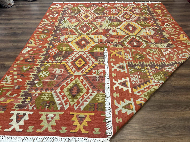 Turkish Kilim Rug 8x10, Geometric Design, Large Kilim Carpet by Jewel Rugs