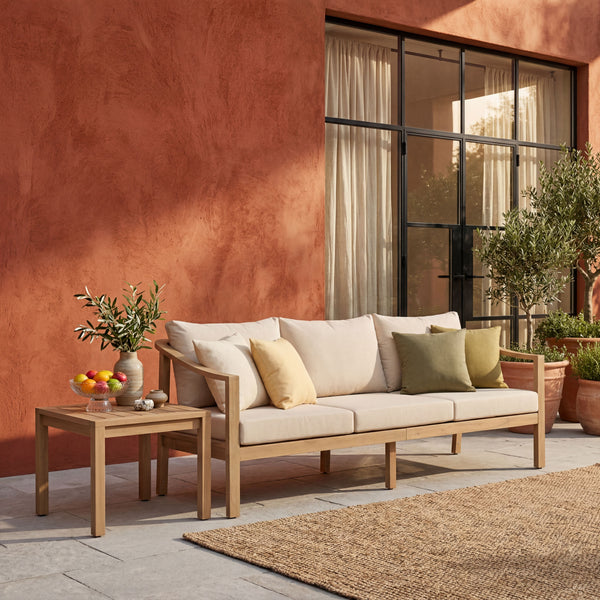 77.95" Outdoor Acacia Wood 3-Seater Sofa with Beige Cushions