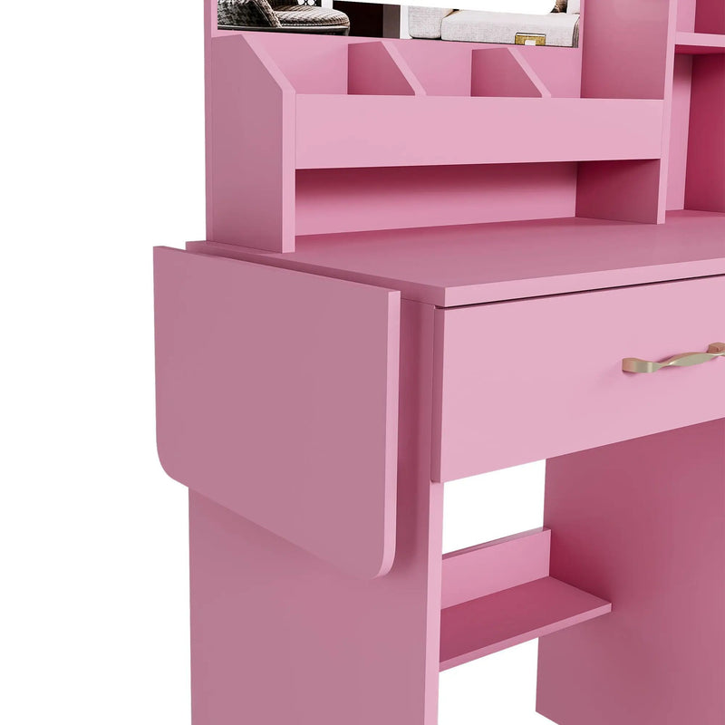 Vanity Desk With LED Mirror Lights And Power Outlet Charging Station, 3 Drawers, 7 Shelves, Storage Stool - Pink by HouseOfZazla