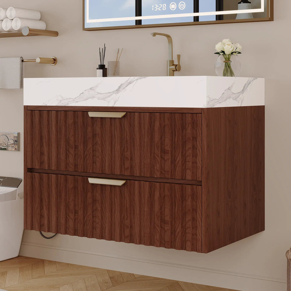 30" Modern Floating Bathroom Vanity with Seamless Sintered Stone Top, photo 7 of 10
